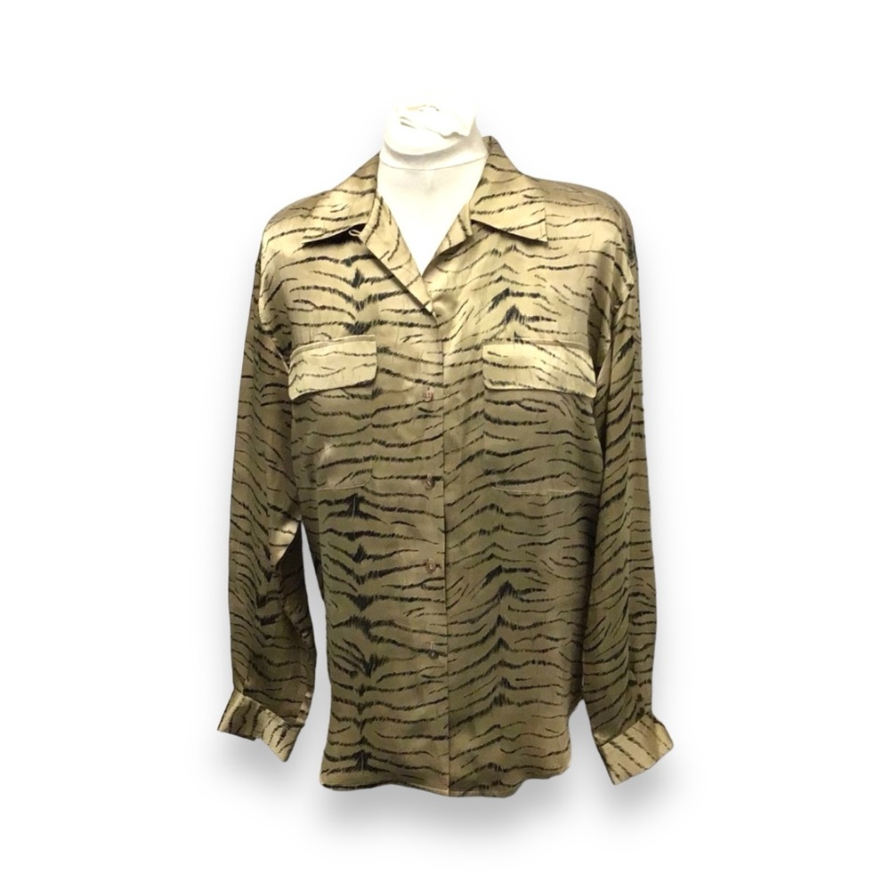 Ann May Women’s Long Sleeve Button Down 100% Silk Blouse VTG 90s Animal Print M